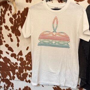 White Graphic Tee with rainbow bootstich